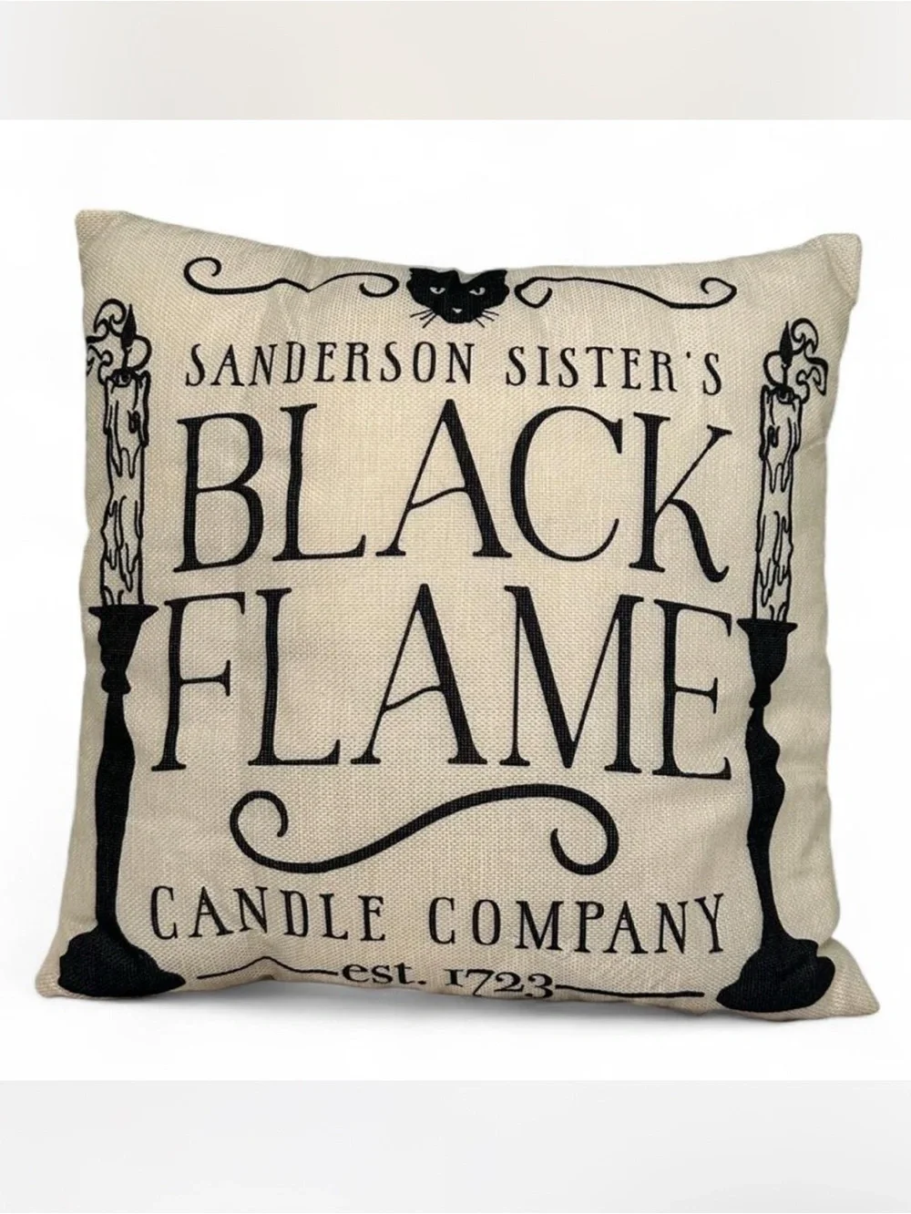 💜 NWOT Hocus Pocus Sanderson Sister Black Flame Candle Linen Pillow w/ Cover